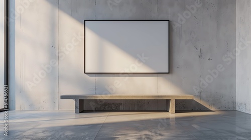 Elegant minimalist interior with one blank frame on a wall above a concrete bench, featuring a white textured background for a gallerylike display, 3D illustration photo