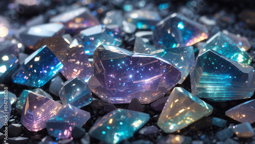 A pile of blue and purple gemstones with a bright white light reflecting off of them.  