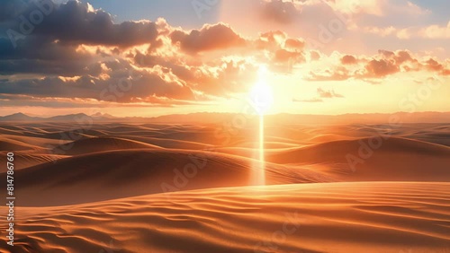 A hush falls upon the desert as the suns first rays peek over the horizon painting the sand in a warm golden glow. . photo