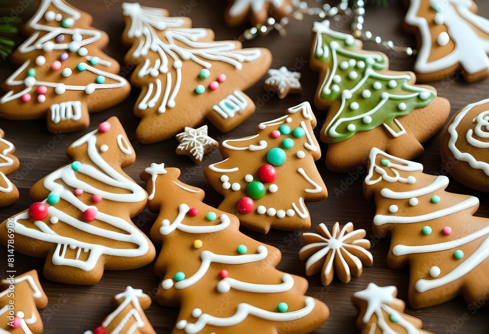 Obraz premium Gingerbread cookies shaped like Christmas trees and decorated with icing and sugar decorations.