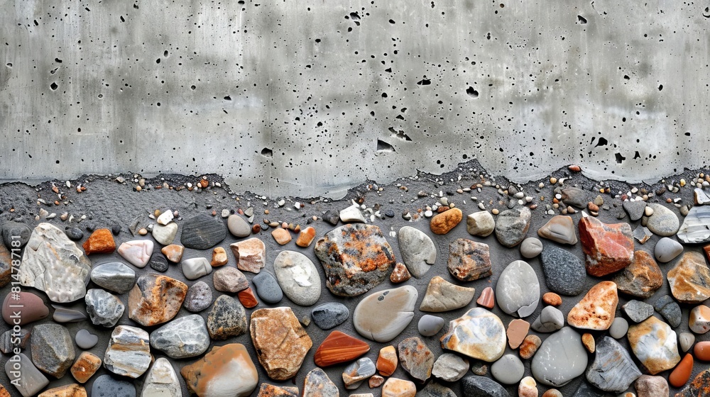 A section of raw concrete with exposed aggregate, showing stones of ...