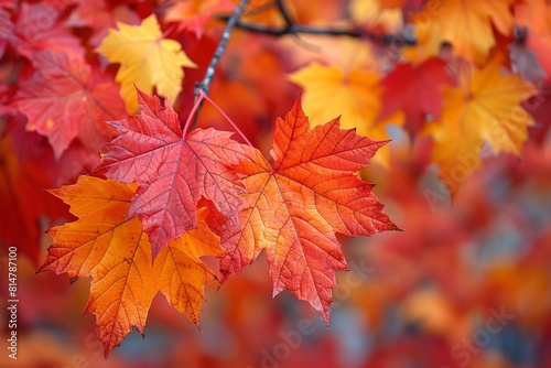 Maple Tree in Fall Foliage  Rich red and orange leaves covering the branches. 