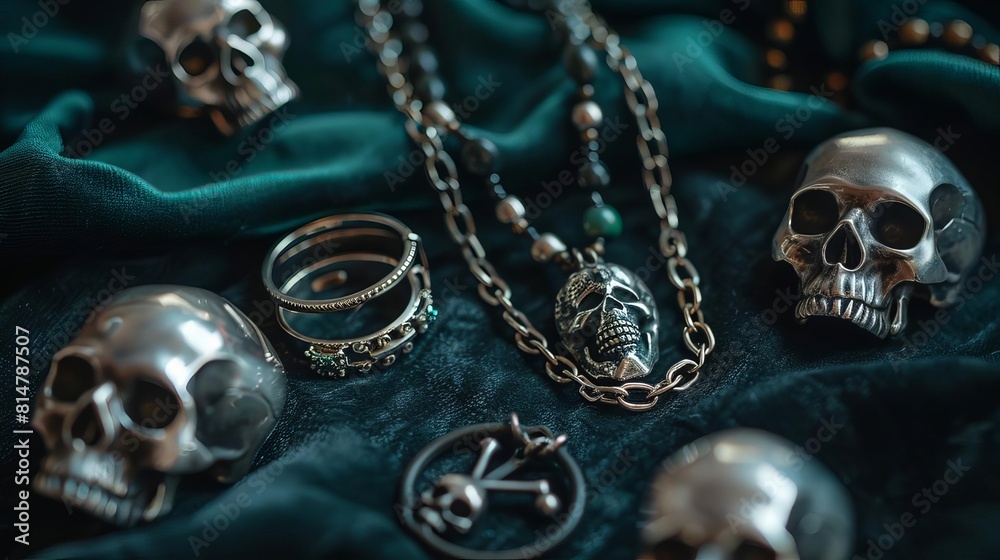 A set of punk jewelry including skullshaped rings and a necklace with a skeleton pendant, displayed on a dark velvet cloth A set of punk jewelry including skullshaped rings and a necklace with a skeleton pendant, displayed on a dark velvet cloth