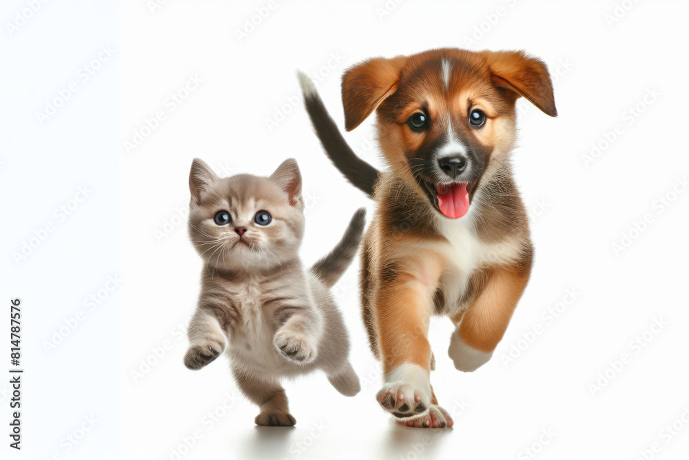 kitten and puppy run and jump play together. pet friendship concept on a white background