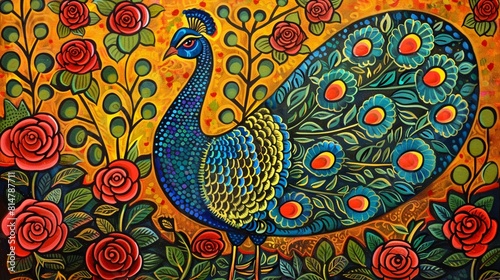 Traditional Madhubani peacock, Bharni style, surrounded by roses, majestic and graceful, vibrant art photo