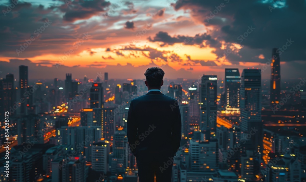 Back view business man executive standing in modern big city looking and dreaming of future business success Back view business man executive standing in modern big city looking and dreaming of future business success