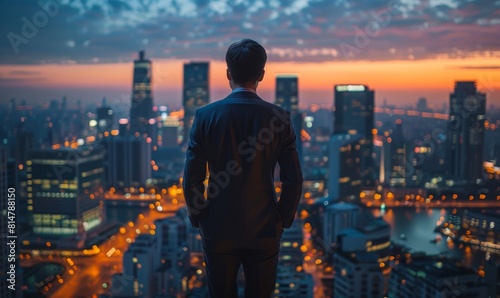 Back view business man executive standing in modern big city looking and dreaming of future business success