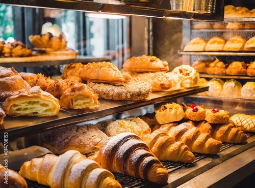 Close up freshly baked pastry goods on display in bakery shop. Selective focus