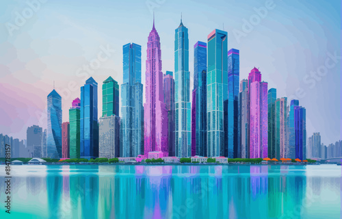 a large group of tall buildings sitting next to a body of water