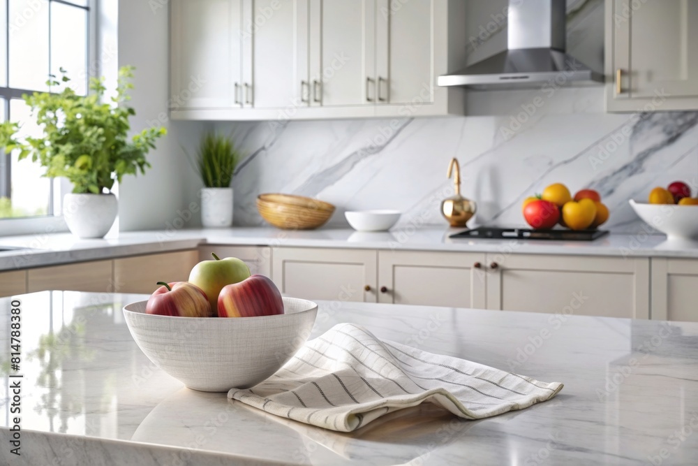A white marble kitchen tabletop or countertop with empty space for product display, a napkin, an apple bowl, and a ceramic vase in a modern white kitchen. A white marble kitchen tabletop or countertop with empty space for product display, a napkin, an apple bowl, and a ceramic vase in a modern white kitchen.