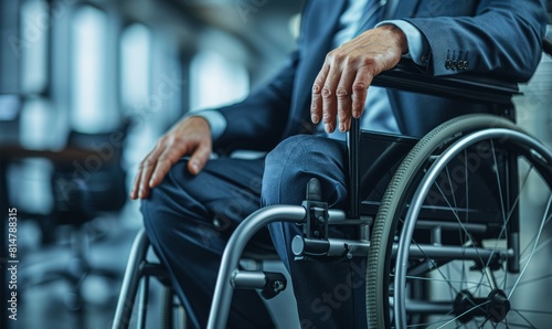 Close up hand Disabled businessman in wheelchair in office