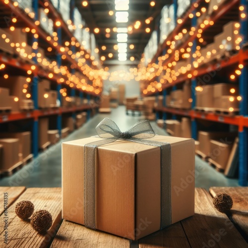 cardboard box on wooden table on blurred bokeh goods delivery warehouse background