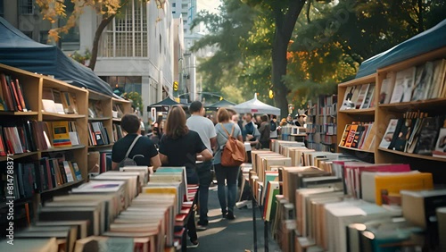 Outdoor Book Fair on a Sunny City Street with Ai generated.
 photo
