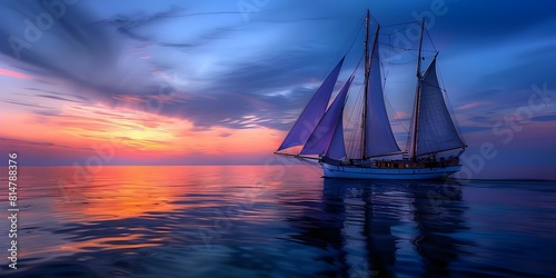 A sailboat gracefully gliding across the sea at sunrise on Columbus Day. Concept Sailboat  Sunrise  Columbus Day  Ocean  Gliding