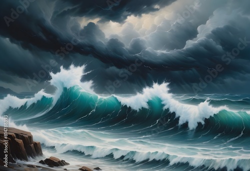 Power and Fury of the Ocean: A Dramatic Seascape Painting Captures the Raw Energy of a Storm