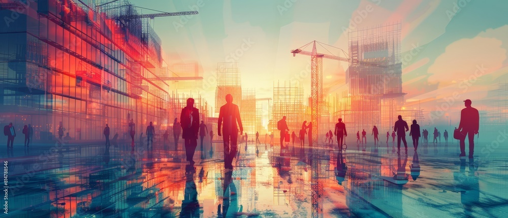 Fototapeta premium digital building construction engineering with double exposure graphic design. Building engineers, architect people, or construction workers working