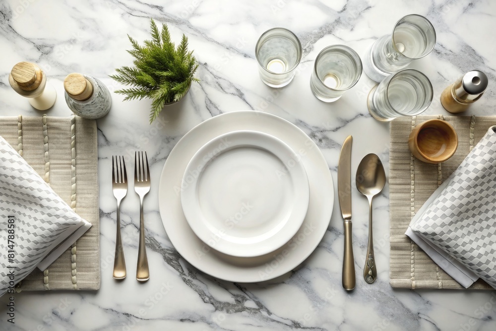 Top view of marble dinning table with white ceramic plates on placemat, silverware, seasoning bottles, napkin and copy space-standard Top view of marble dinning table with white ceramic plates on placemat, silverware, seasoning bottles, napkin and copy space-standard
