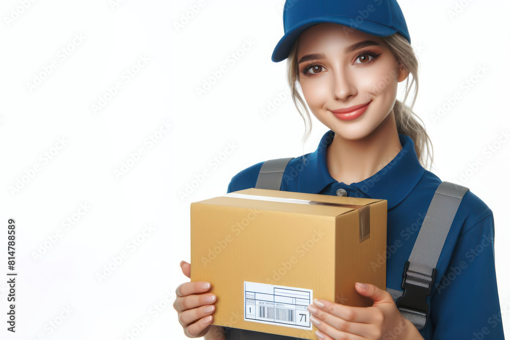 delivery woman with cardboard box in hands Isolated on white background delivery woman with cardboard box in hands Isolated on white background