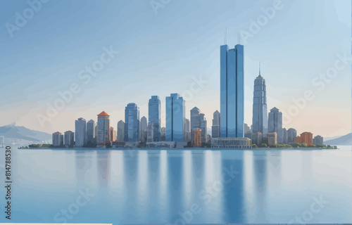 a large body of water with a city in the background