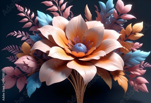  Close-up of a Vibrant Bouquet of Mixed Flowers in Full Bloom on a Dramatic Black Background - 3D Rendered Image