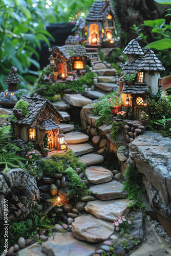 An enchanting fairy garden adorned with whimsical miniature houses, winding pathways, and lush greenery, inhabited by tiny figurines. © grey