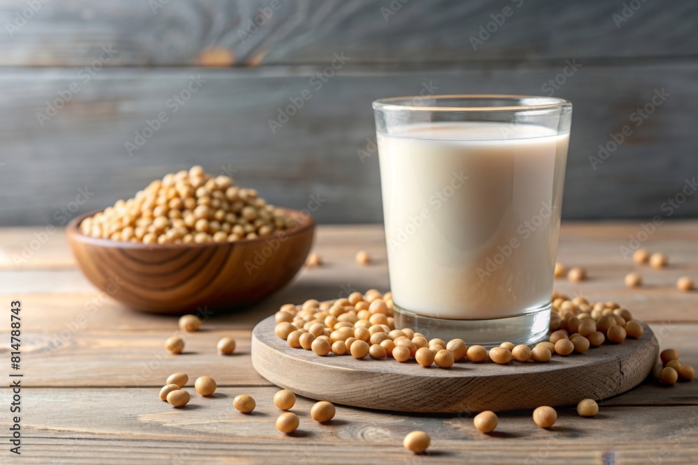 Soymilk in glass on the table with copy space. Soymilk in glass on the table with copy space.