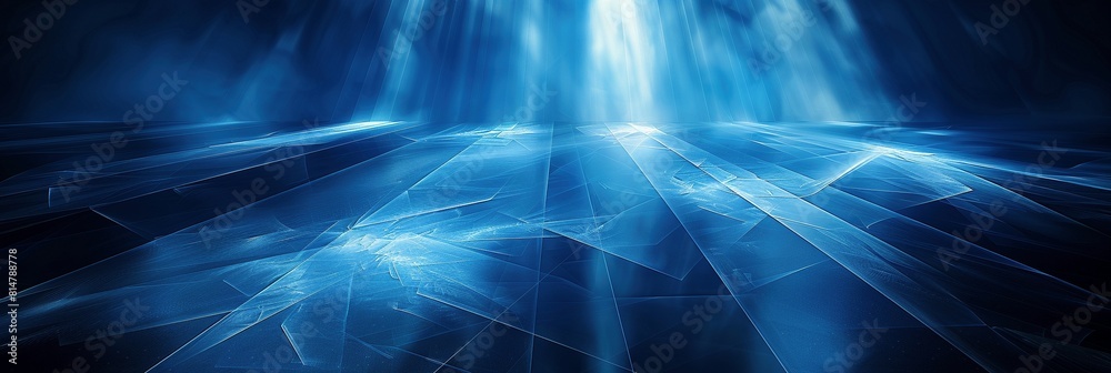 Sharp-edged, layered glass panels create a dynamic blue abstract background. Light rays cut through the composition, hinting at a futuristic or science fiction theme Sharp-edged, layered glass panels create a dynamic blue abstract background. Light rays cut through the composition, hinting at a futuristic or science fiction theme