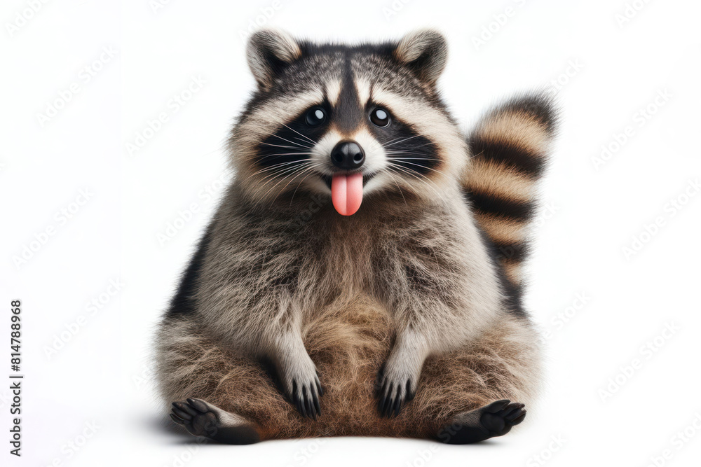 Full body Photo of a racoon with a humorous expression, sticking out its tongue Isolated on white background Full body Photo of a racoon with a humorous expression, sticking out its tongue Isolated on white background