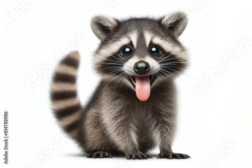 Full body Photo of a racoon with a humorous expression, sticking out its tongue Isolated on white background