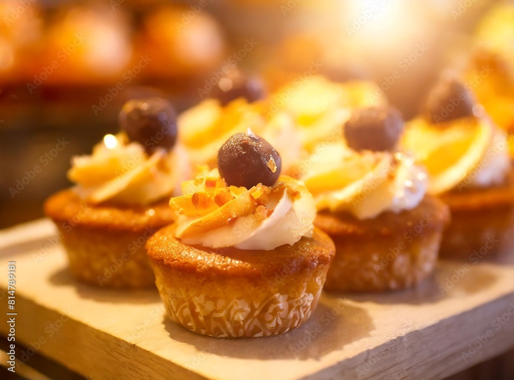 Small cakes on display at the patisserie counter. Small cakes on display at the patisserie counter.