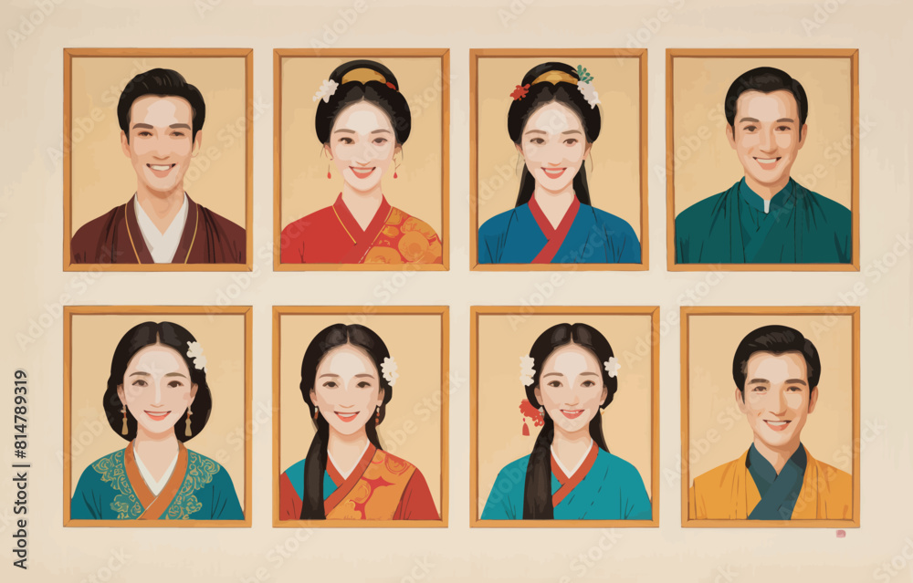 a group of nine portraits of people in asian dress a group of nine portraits of people in asian dress