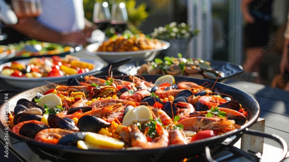 A metal pan filled with an assortment of cooked seafood, sitting on a wooden table. A metal pan filled with an assortment of cooked seafood, sitting on a wooden table.