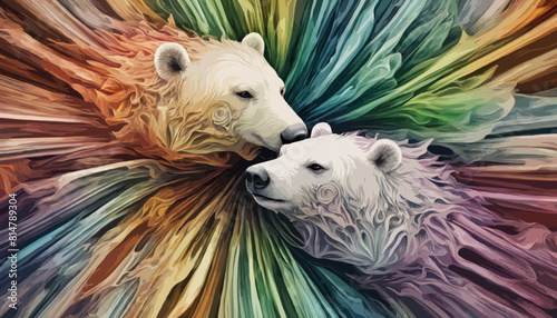 Phantasievolle Darstellung von zwei Eisbären in iridescent Farben und welligen, fließenden Formen. Vektor - Illustration