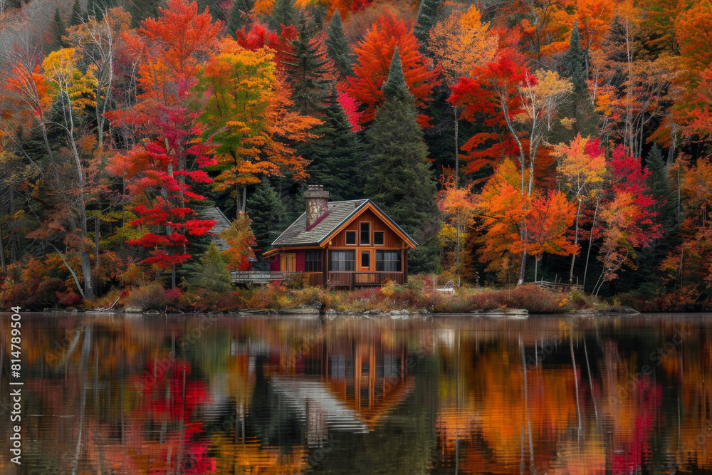 A tranquil lakeside cabin nestled amidst a forest of vibrant autumn foliage, with trees ablaze in hues of red, orange, and gold, reflecting in the calm waters of the lake. A tranquil lakeside cabin nestled amidst a forest of vibrant autumn foliage, with trees ablaze in hues of red, orange, and gold, reflecting in the calm waters of the lake.