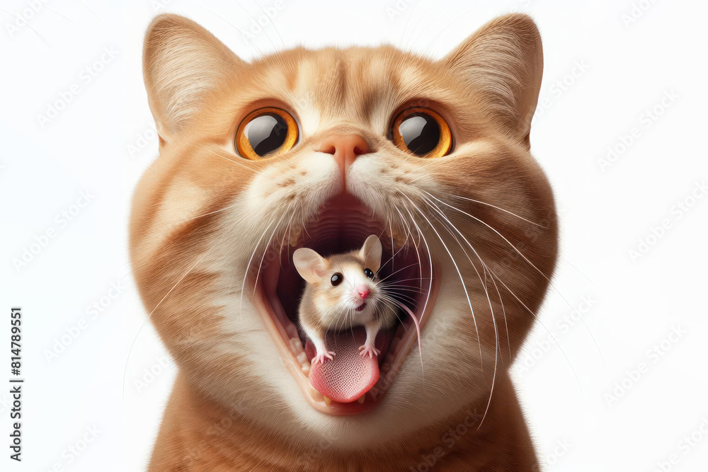 Surprised cat with open mouth and mouse inside Isolated on white background Surprised cat with open mouth and mouse inside Isolated on white background