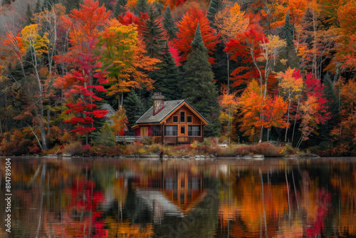 A tranquil lakeside cabin nestled amidst a forest of vibrant autumn foliage, with trees ablaze in hues of red, orange, and gold, reflecting in the calm waters of the lake.