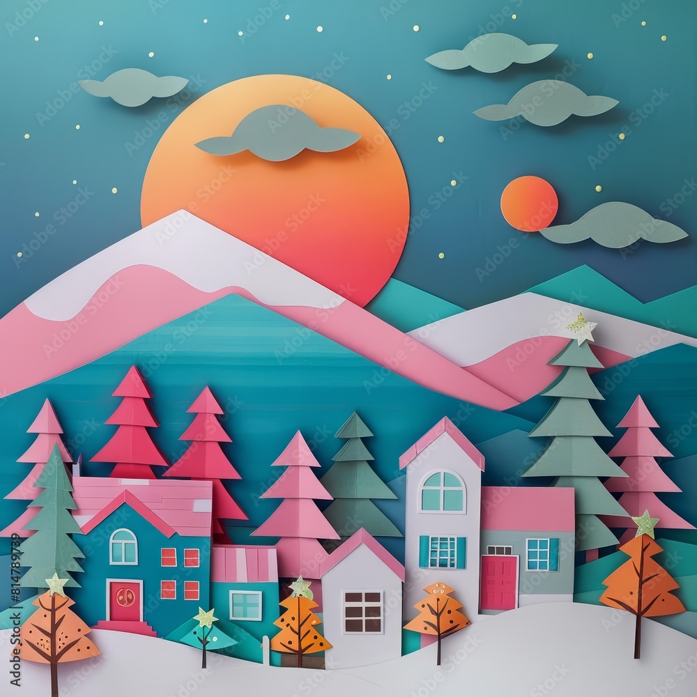 Creative and colourful paper art of a quaint village during Christmas, illustrated with a synthwave color palette to enhance the festive mood