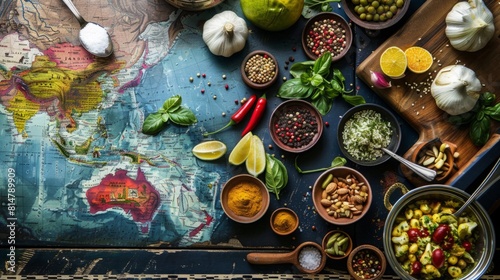A map of the world covered with a variety of food items, showcasing global cuisine diversity.