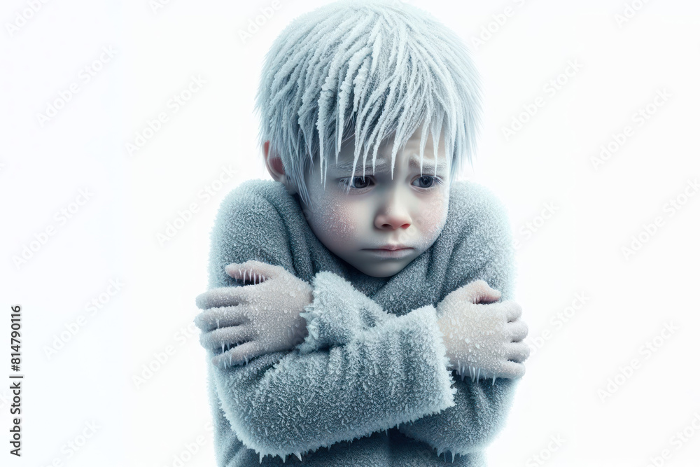 Frozen Sad child who is cold hugs himself Isolated on white background Frozen Sad child who is cold hugs himself Isolated on white background