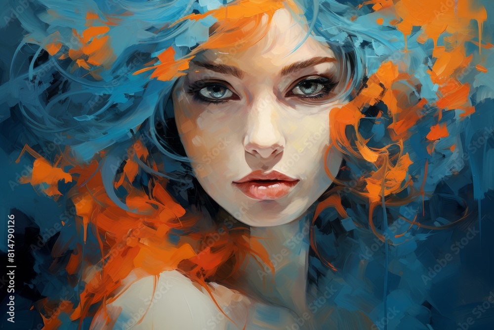 Artistic digital painting of a woman with expressive blue and orange brushstrokes Artistic digital painting of a woman with expressive blue and orange brushstrokes