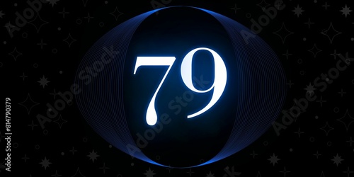 Number 79. Banner with the number seventy nine on a black background and white stars with a circle blue in the middle photo