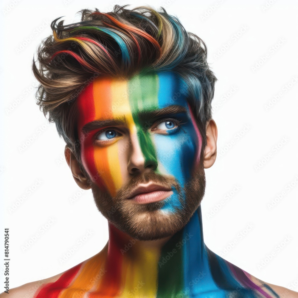 A man with his face painted in the rainbow colors Isolated on white background A man with his face painted in the rainbow colors Isolated on white background