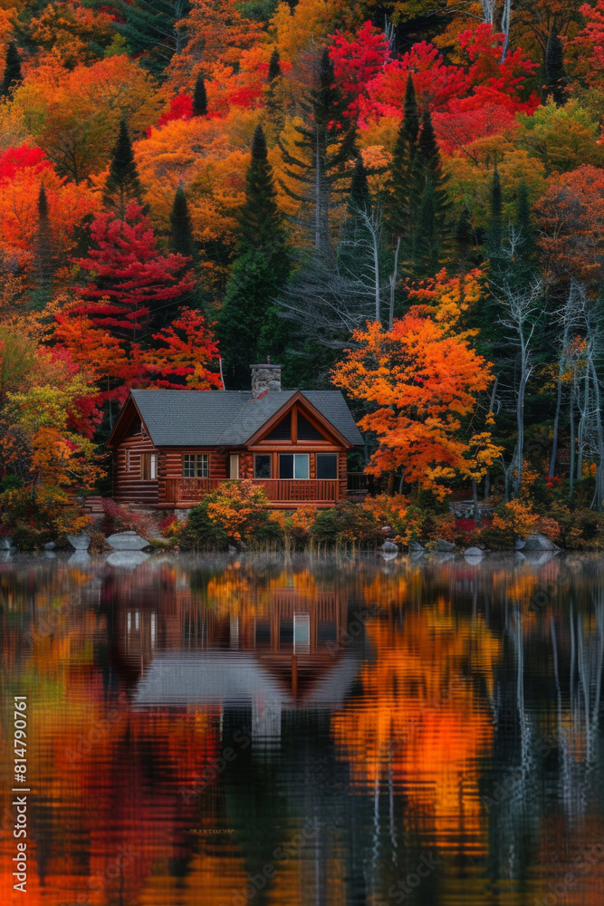 A tranquil lakeside cabin nestled amidst a forest of vibrant autumn foliage, with trees ablaze in hues of red, orange, and gold, reflecting in the calm waters of the lake. A tranquil lakeside cabin nestled amidst a forest of vibrant autumn foliage, with trees ablaze in hues of red, orange, and gold, reflecting in the calm waters of the lake.