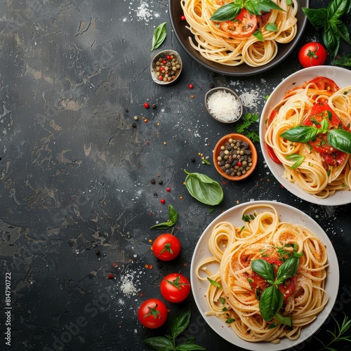 Freshly made Italian pasta dishes, topped with robust sauces and herbs, invite a taste of Mediterranean flair, with solid background and copy space on center for advertise