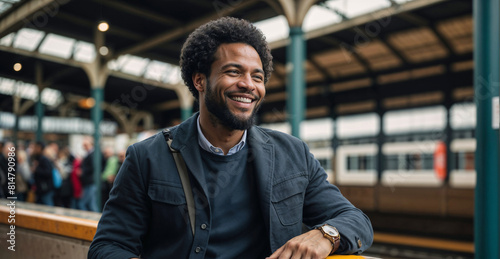 A smiling man in a casual outfit at a train station photo