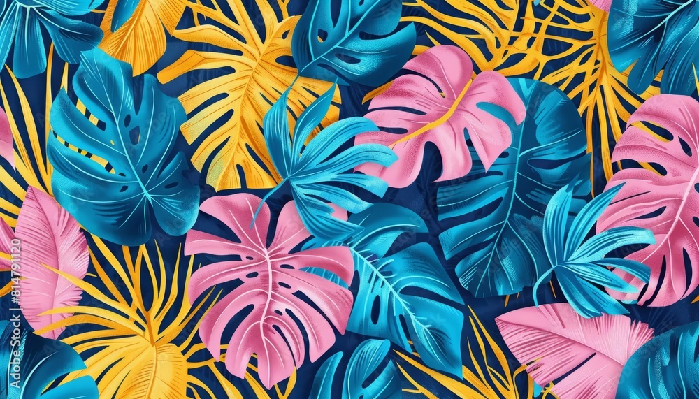 Handdrawn tropical leaves in vivid pink, blue, and yellow hues, arranged in a seamless pattern for a fashionable summer fabric design Handdrawn tropical leaves in vivid pink, blue, and yellow hues, arranged in a seamless pattern for a fashionable summer fabric design