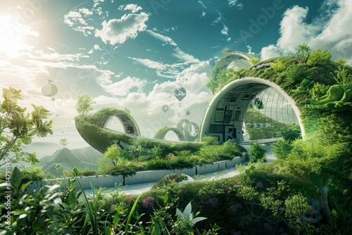 Hightech environmental gadgets blend seamlessly with the organic curves of earthy landscapes, forming a unique background for ecological campaigns in a banner with ample text space