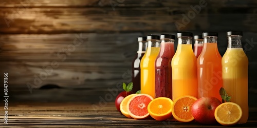 Vibrant Cold-Pressed Juice Bottles Arranged Tidily on a Rustic Wooden Table. Concept Cold-Pressed Juices, Vibrant Colors, Rustic Setting, Tidy Arrangement photo