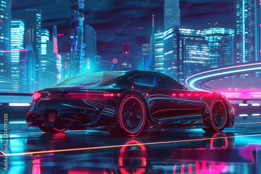 Illustration of a futuristic car with hologram, showcasing advanced cyber security features, designed for a hightech urban area banner