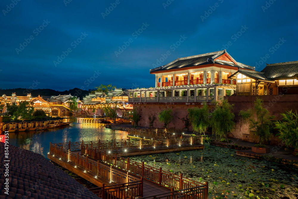 At night, the beautiful ancient town of Lizhuang on the lake, Yibin City, Sichuan Province, China At night, the beautiful ancient town of Lizhuang on the lake, Yibin City, Sichuan Province, China